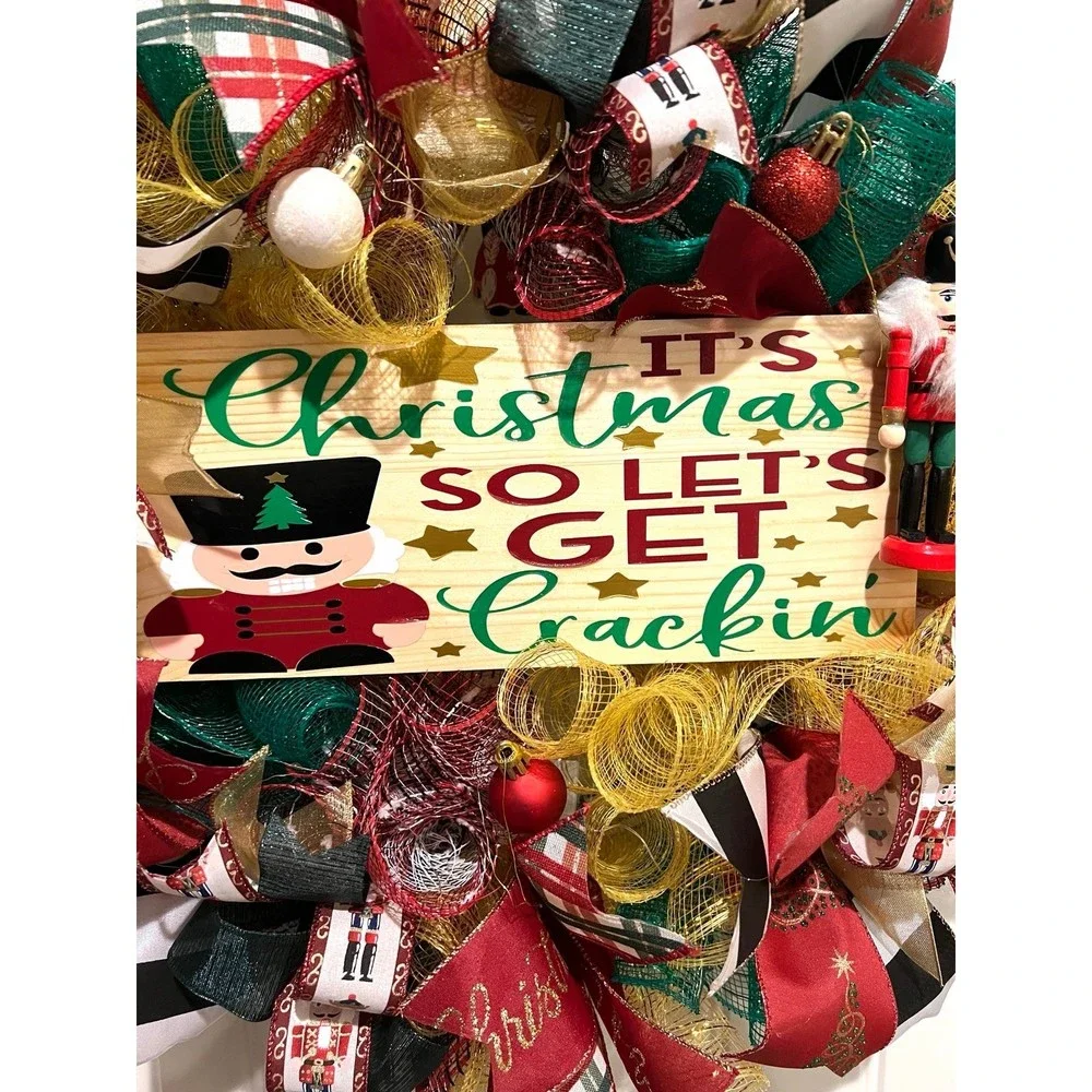Christmas Nutcracker Holiday Ribbon Door Wreath Handmade 22 ins LED W4